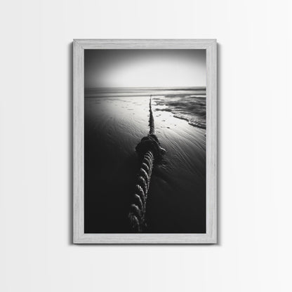 Ocean Rope Shore, Nautical Minimalism, Seaside Monochrome, Black and White Calm, Framed Canvas Print, Bedroom Wall Art, Coastal Decor
