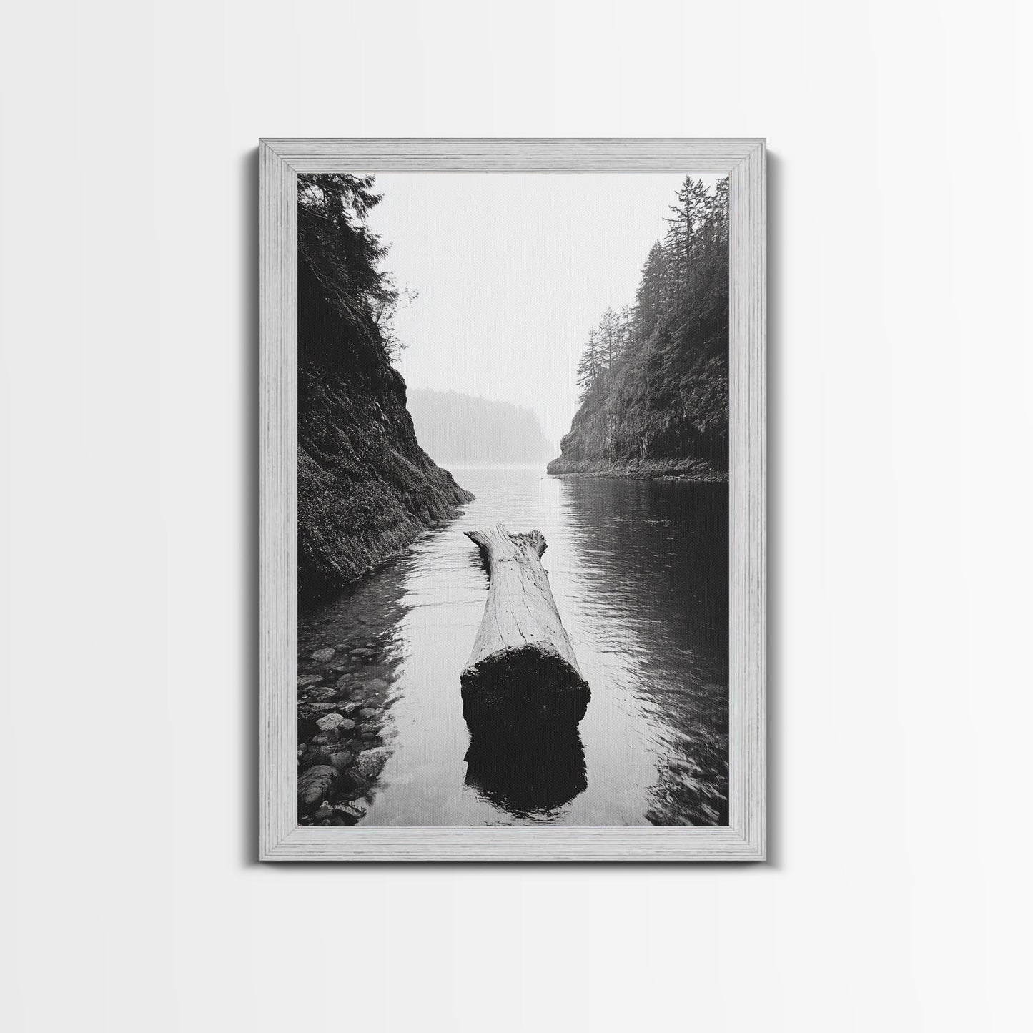 Driftwood Log, River Pass, Nature Silence, Misty Gorge, Framed Canvas Print, Office Wall Art, Modern Nature Decor, Moody Forest Style