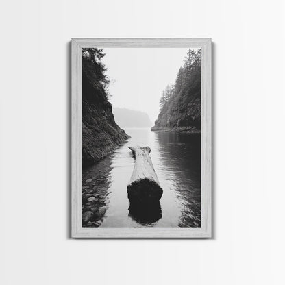 Driftwood Log, River Pass, Nature Silence, Misty Gorge, Framed Canvas Print, Office Wall Art, Modern Nature Decor, Moody Forest Style