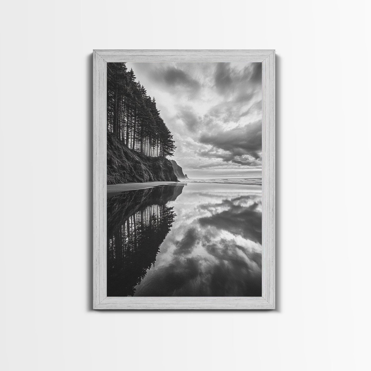 Ocean Cliff Reflection, Dramatic Coastline Art, Cloudy Sky Canvas, Framed Canvas Print, Living Room Wall Art, Moody Landscape Photography