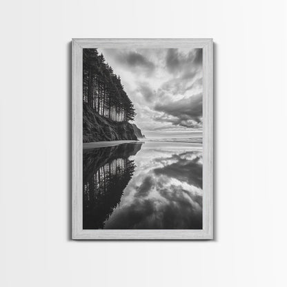 Ocean Cliff Reflection, Dramatic Coastline Art, Cloudy Sky Canvas, Framed Canvas Print, Living Room Wall Art, Moody Landscape Photography