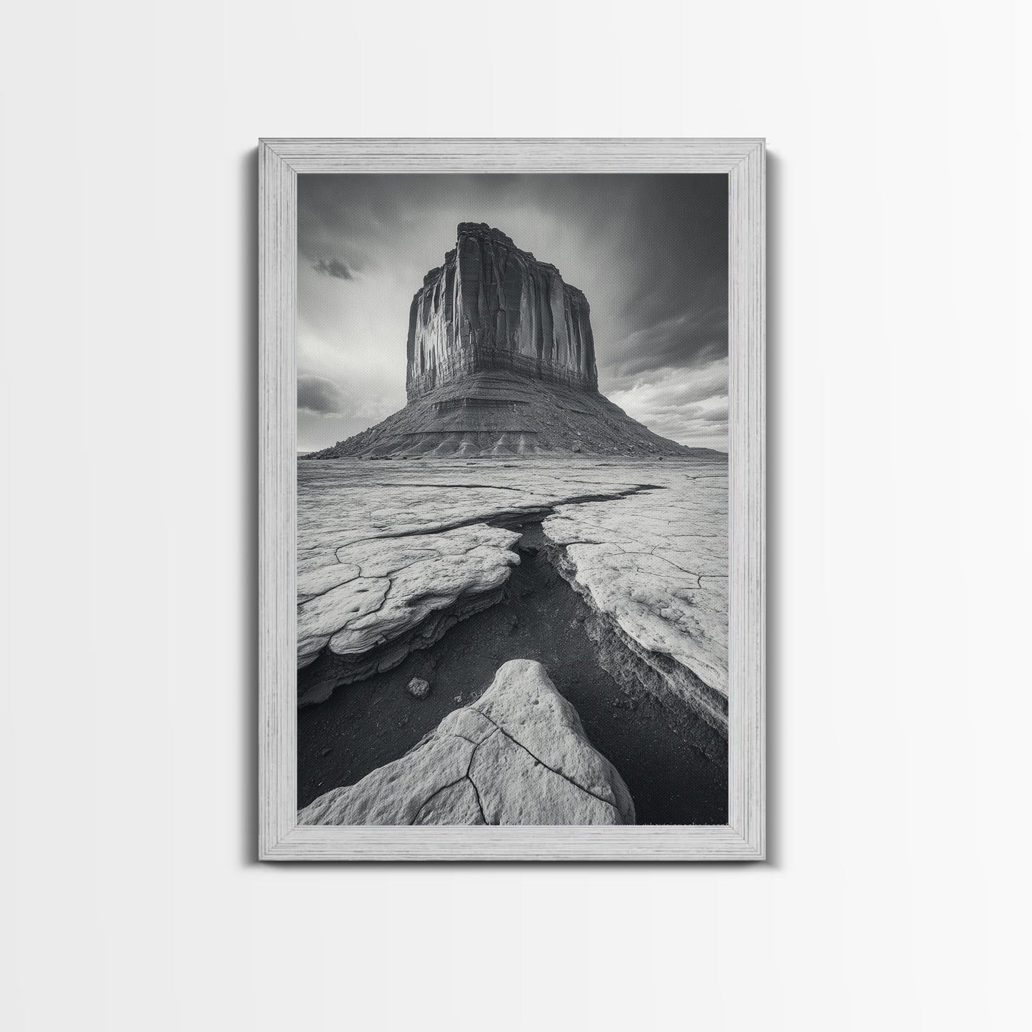 Monument Valley Cliff, Desert Rockscape, Framed Canvas Print, Western Wall Art, Office Decor, Black and White Photography