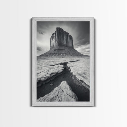 Monument Valley Cliff, Desert Rockscape, Framed Canvas Print, Western Wall Art, Office Decor, Black and White Photography