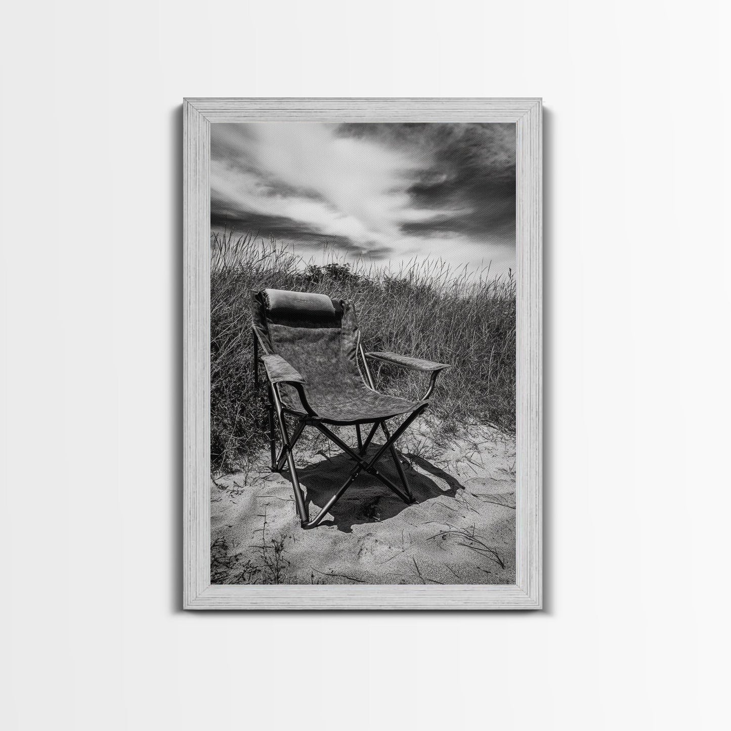 Deserted beach chair, quiet coast vibes, windswept scene, peaceful solitude, Canvas Print, hallway decor, rustic retreat outdoor artwork