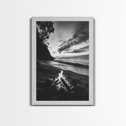 Shoreline fire night, beach flames, evening waves, rustic warmth, Canvas Print, Autumn decor, outdoor adventure minimalist wall art