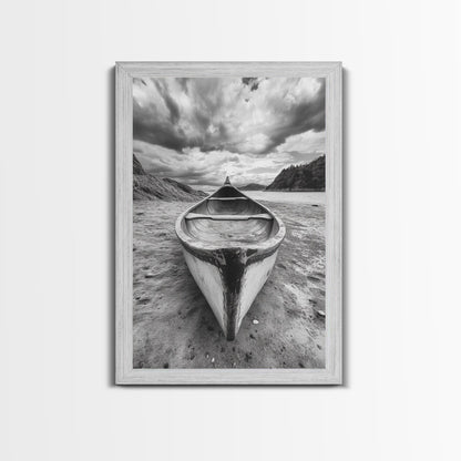 Canoe, Shoreline, Dramatic, Sky - canoe landscape Canvas Print, rustic wall art, entryway decor, nature photography, monochrome mountain
