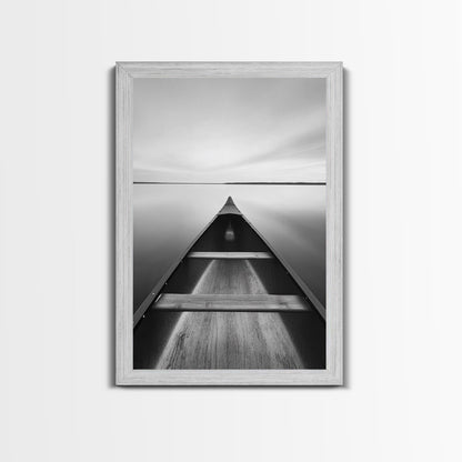Canoe, Lake, Calm, Horizon - Minimalist lake paddle scene, Framed Canvas Print, peaceful home office art, Scandinavian decor, wilderness print
