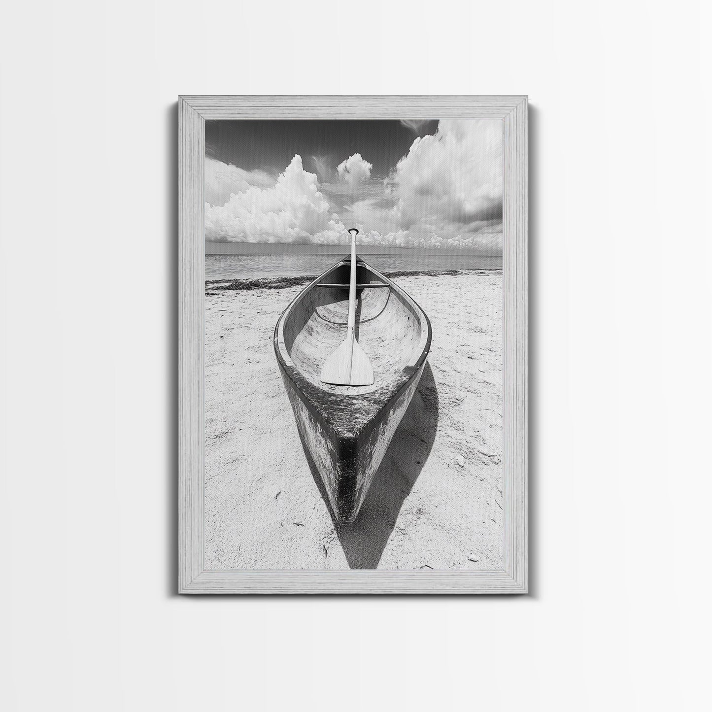Paddle, Canoe, Beach, Clouds - Summer boating scene, Canvas Print, ideal bathroom or guestroom nautical art, rustic coastal boho wall decor