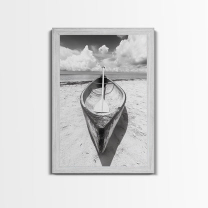 Paddle, Canoe, Beach, Clouds - Summer boating scene, Canvas Print, ideal bathroom or guestroom nautical art, rustic coastal boho wall decor