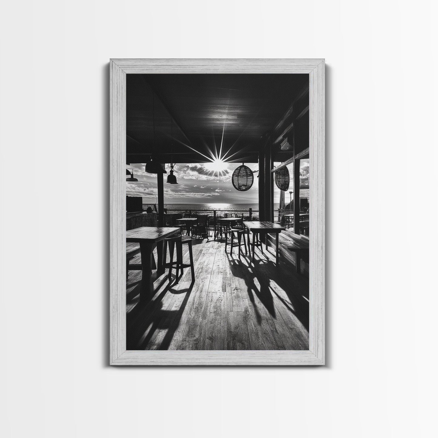 Ocean, Deck, Sunset, Rays - Golden hour beach bar shadows, Canvas Print, perfect dining room or kitchen wall art, rustic coastal decor