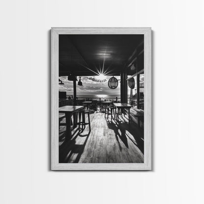 Ocean, Deck, Sunset, Rays - Golden hour beach bar shadows, Canvas Print, perfect dining room or kitchen wall art, rustic coastal decor