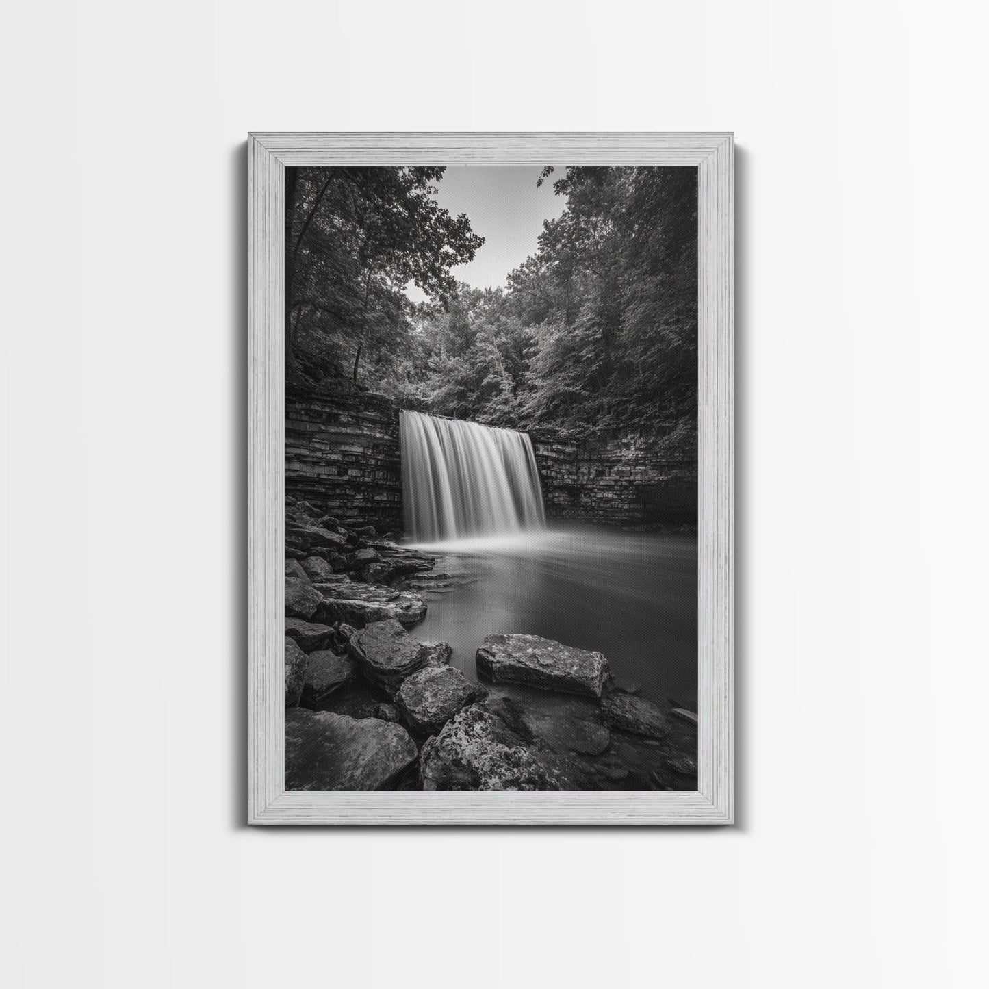 Waterfall Serenity, Nature Escape, River Rock Flow, Bedroom Wall Decor, Framed Canvas Print, Modern Rustic Forest Wall Art