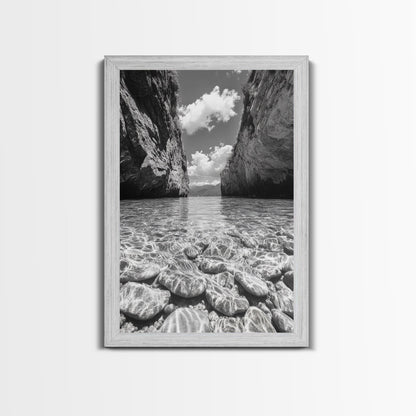 Clear Waterscape, Rocky Shoreline, Tropical Escape, Nature Photography, Framed Canvas Print, Beach House Coastal Wall Art