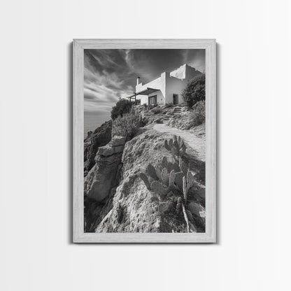Cliffside Villa, Mediterranean Home, Desert Garden, Rustic Landscape Print, Framed Canvas Print, Modern Boho Living Room Art