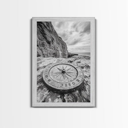 Compass On Cliff, Adventure Travel Art, Nautical Wall Decor, Framed Canvas Print, Rustic Office Art, Nature Explorer Gift Idea