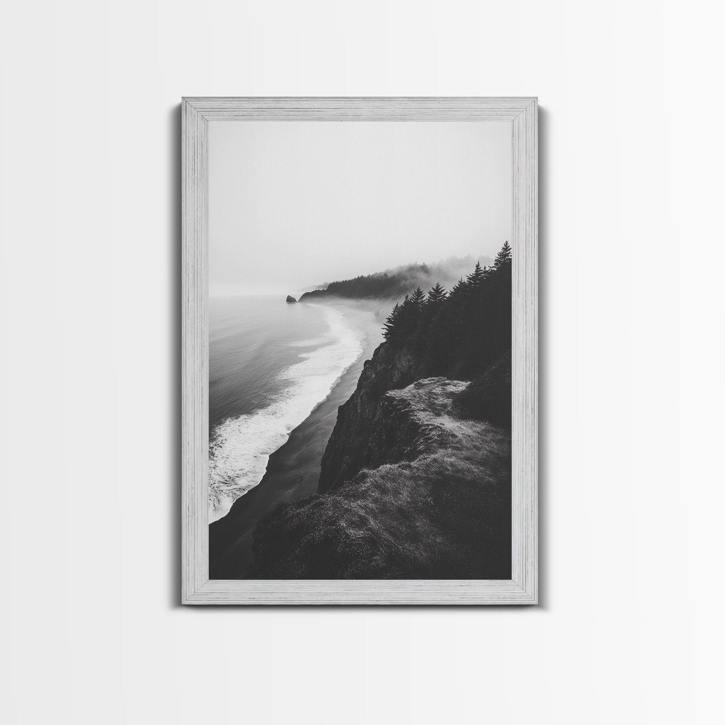 Misty Coastline, Pine Forest, Foggy Morning, Framed Canvas Print, Moody Nature Decor, Living Room Wall Art, Monochrome Style