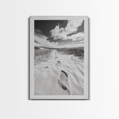 Desert Footprints Path, Dune Art, Wanderlust Vibes, Monochrome Landscape, Framed Canvas Print, Bedroom Wall Decor, Minimalist Travel