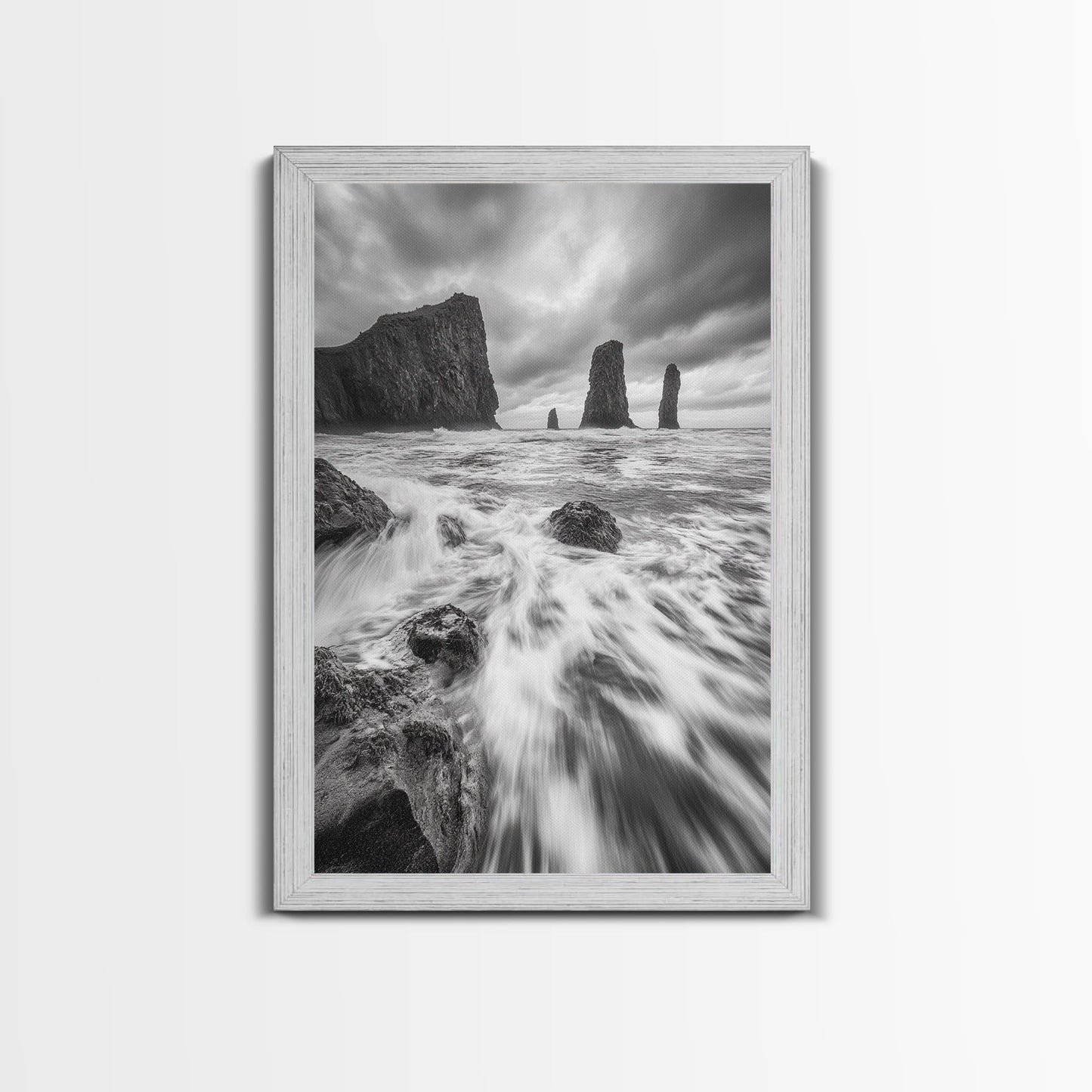 Sea Stacks Seascape, Ocean Art, Moody Coastline Print, Nature Photography, Framed Canvas Print, Living Room Wall Art, Black White Seaside