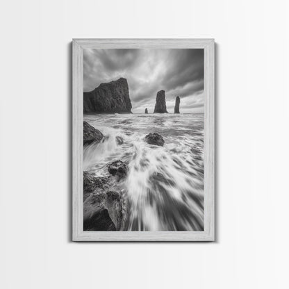 Sea Stacks Seascape, Ocean Art, Moody Coastline Print, Nature Photography, Framed Canvas Print, Living Room Wall Art, Black White Seaside