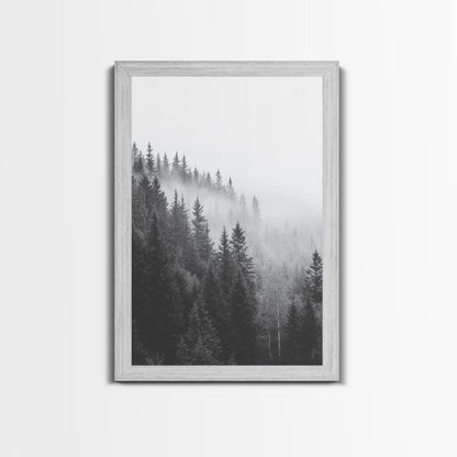 Misty Forest, Pine Trees, Foggy Morning, Canvas Print, Moody Nature Wall Art, Nordic Bedroom Decor, Monochrome Forest Landscape