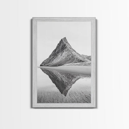 Mountain Mirror, Coastal Peak, Serene Beach, Canvas Print, Minimalist Landscape Art, Modern Living Room Wall Decor, Monochrome Nature Style