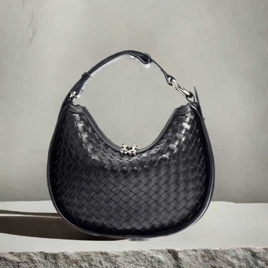 AMARA WOVEN LEATHER HALF MOON HANDBAG
