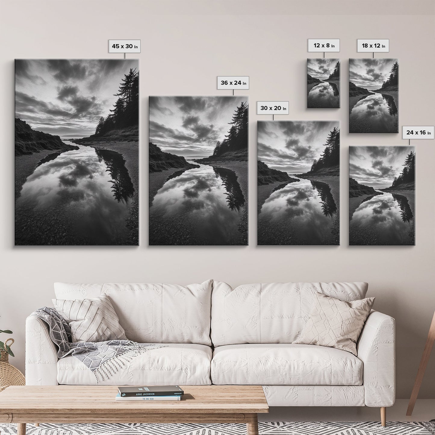 Reflective Tide Pool, Dramatic Sky, Forest Silhouette, Black and White Seascape, Framed Canvas Print, Living Room Wall Art, Nature Boho Style