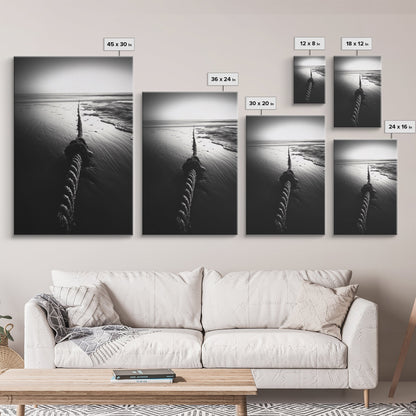 Ocean Rope Shore, Nautical Minimalism, Seaside Monochrome, Black and White Calm, Framed Canvas Print, Bedroom Wall Art, Coastal Decor