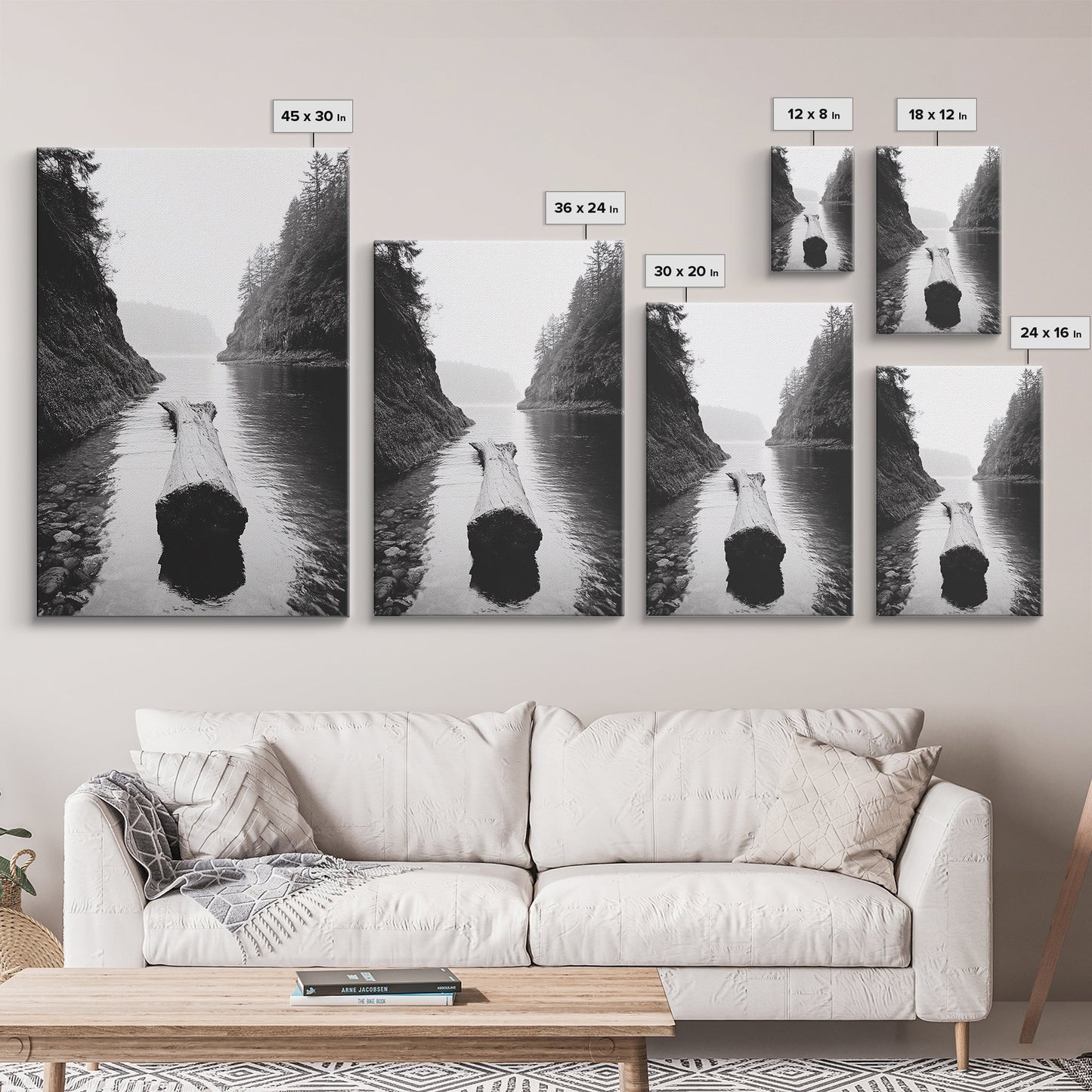 Driftwood Log, River Pass, Nature Silence, Misty Gorge, Framed Canvas Print, Office Wall Art, Modern Nature Decor, Moody Forest Style