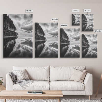 Ocean Cliff Reflection, Dramatic Coastline Art, Cloudy Sky Canvas, Framed Canvas Print, Living Room Wall Art, Moody Landscape Photography