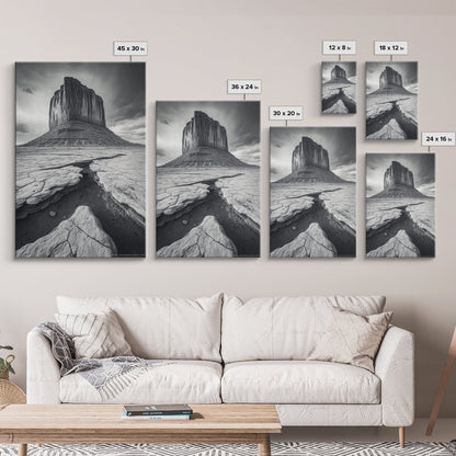Monument Valley Cliff, Desert Rockscape, Framed Canvas Print, Western Wall Art, Office Decor, Black and White Photography
