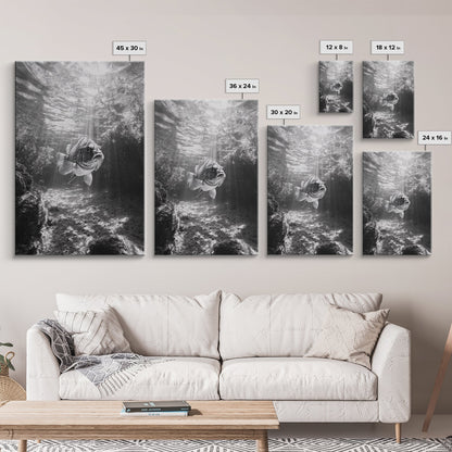 Sunlit Fish, Ocean Rays, Underwater Wonder, Tranquil Sea Life, Framed Canvas Print, Kids Room Decor, Coastal Art, Nautical Home Style