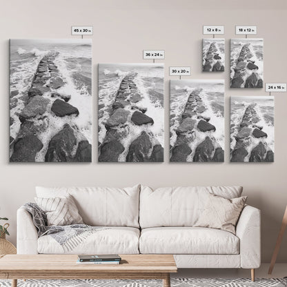 Rocky surf path, ocean jetty power, dramatic sea waves, black white beachscape, Canvas Print, bathroom wall art, nautical minimalist decor