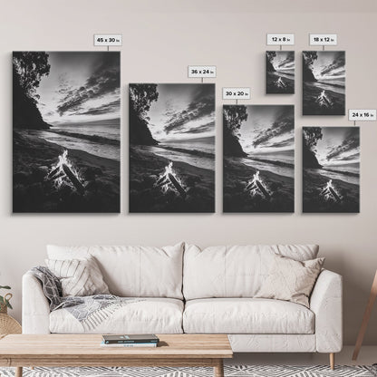 Shoreline fire night, beach flames, evening waves, rustic warmth, Canvas Print, Autumn decor, outdoor adventure minimalist wall art