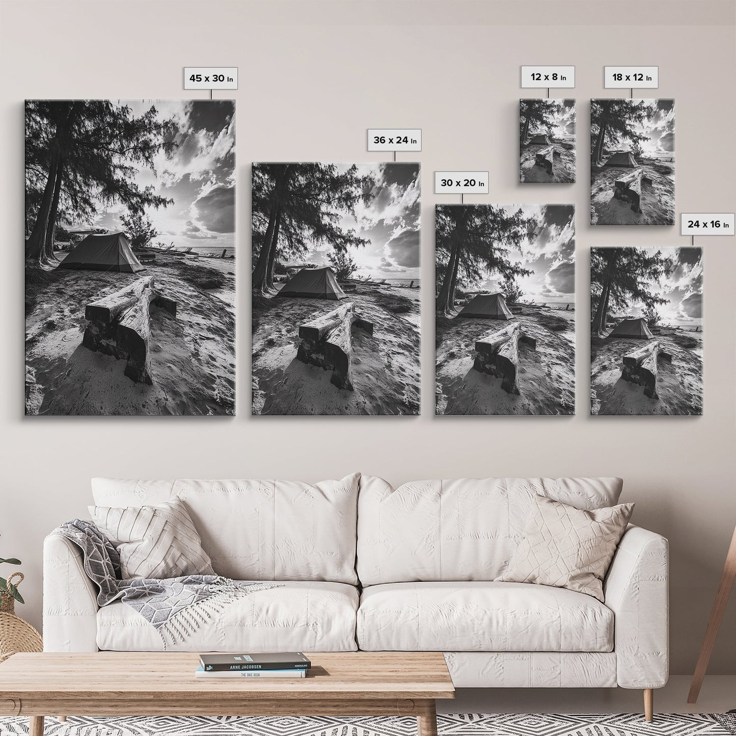 Tent, Beach, Sunset, Trees - Rustic camping coastal escape vibe, Framed Canvas Print, ideal bedroom or adventure nursery decor, outdoor art