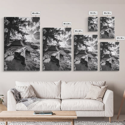 Tent, Beach, Sunset, Trees - Rustic camping coastal escape vibe, Framed Canvas Print, ideal bedroom or adventure nursery decor, outdoor art