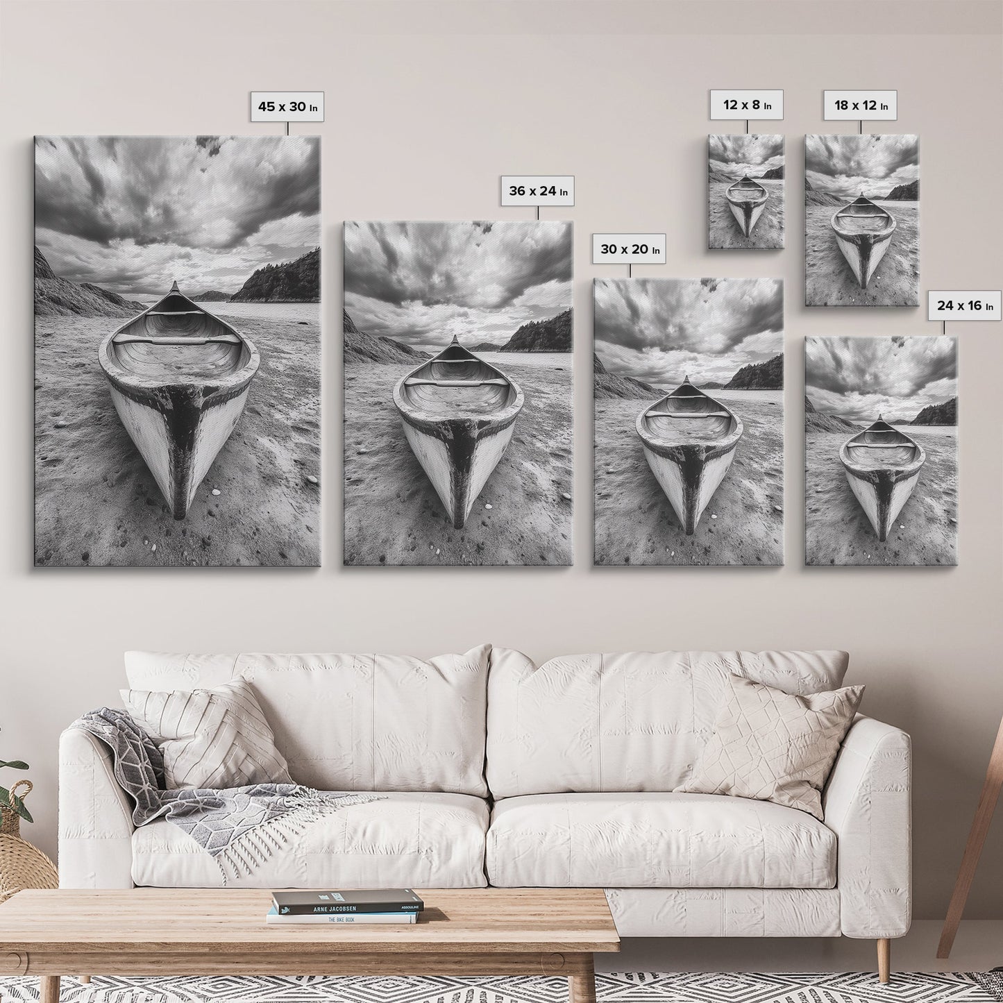 Canoe, Shoreline, Dramatic, Sky - canoe landscape Canvas Print, rustic wall art, entryway decor, nature photography, monochrome mountain