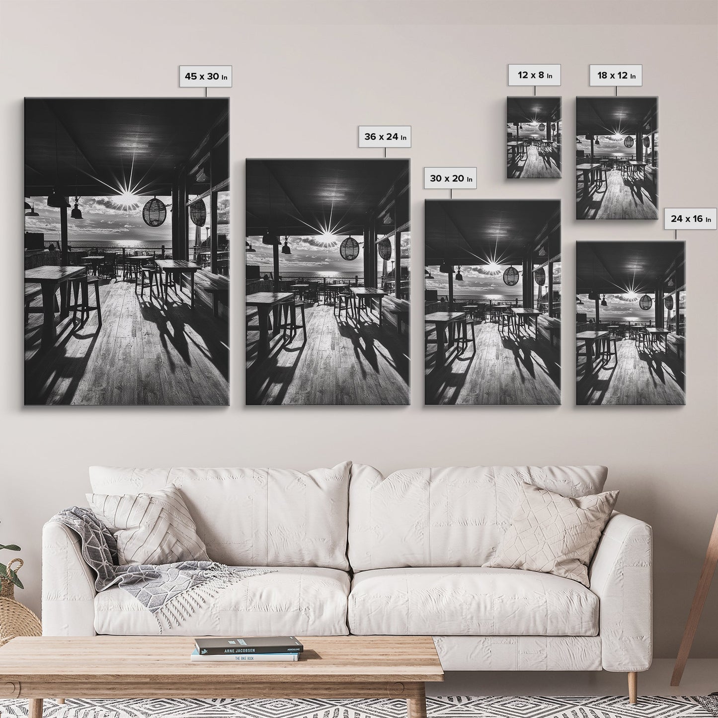 Ocean, Deck, Sunset, Rays - Golden hour beach bar shadows, Canvas Print, perfect dining room or kitchen wall art, rustic coastal decor