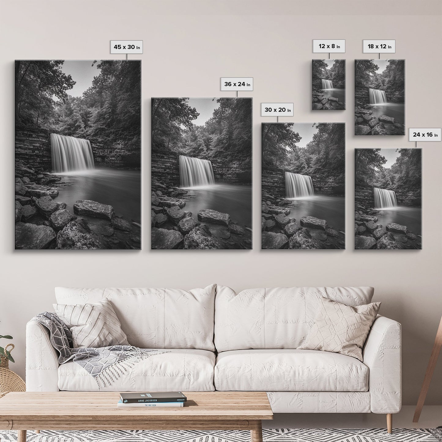 Waterfall Serenity, Nature Escape, River Rock Flow, Bedroom Wall Decor, Framed Canvas Print, Modern Rustic Forest Wall Art