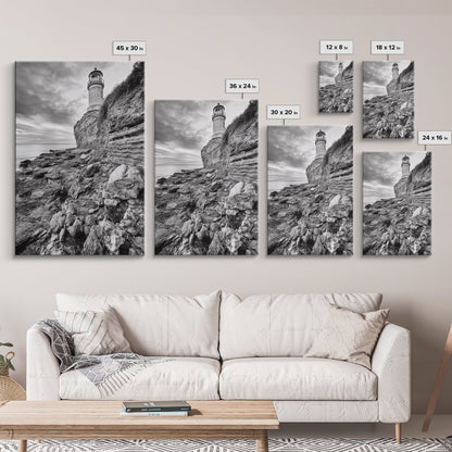 Lighthouse Beacon, Rocky Shoreline, Nautical Coastal Scene, Framed Canvas Print, Ocean View Art, Seaside Living Room Wall Decor