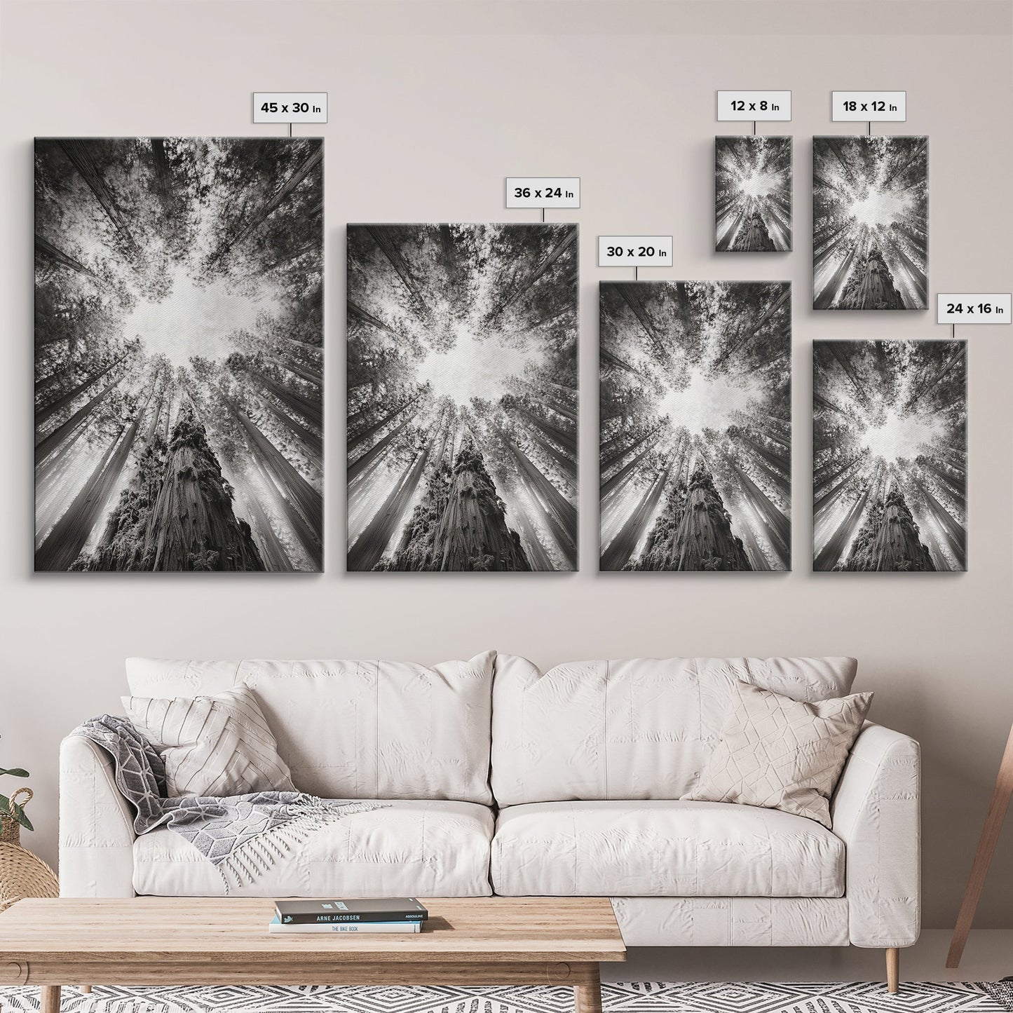 Redwood Canopy Sky, Majestic Forest Trees, Vertical Nature Scene, Framed Canvas Print, Wilderness Wall Art, Lodge or Den Decor