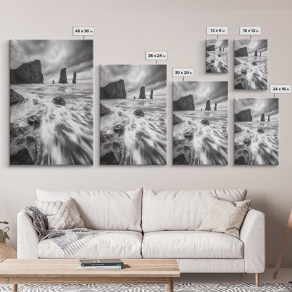Sea Stacks Seascape, Ocean Art, Moody Coastline Print, Nature Photography, Framed Canvas Print, Living Room Wall Art, Black White Seaside