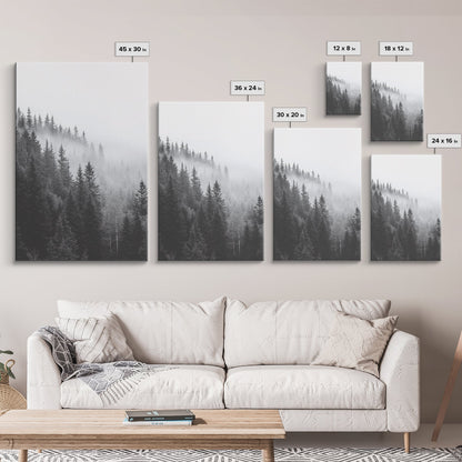 Misty Forest, Pine Trees, Foggy Morning, Canvas Print, Moody Nature Wall Art, Nordic Bedroom Decor, Monochrome Forest Landscape
