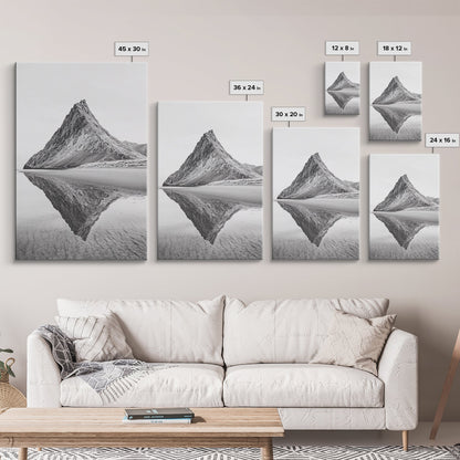 Mountain Mirror, Coastal Peak, Serene Beach, Canvas Print, Minimalist Landscape Art, Modern Living Room Wall Decor, Monochrome Nature Style