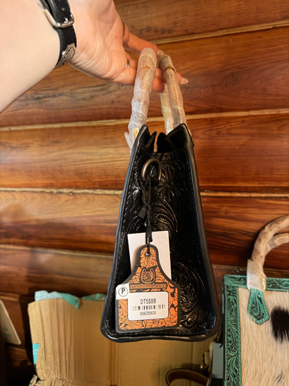 Genuine Leather, Hand Tooled, Hair on Hide Small tote with wooden handles