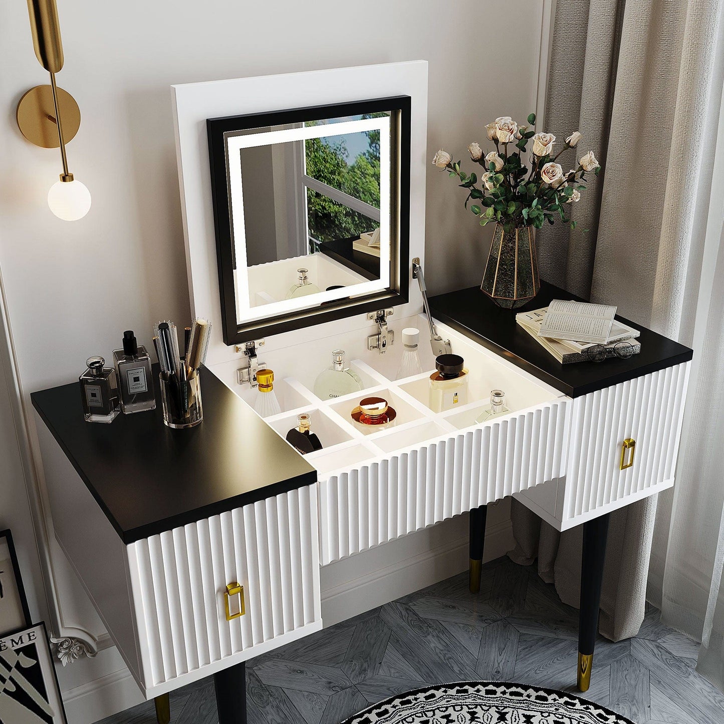 Black & White Vanity Table with LED Mirror – 2 Drawers & Adjustable Storage