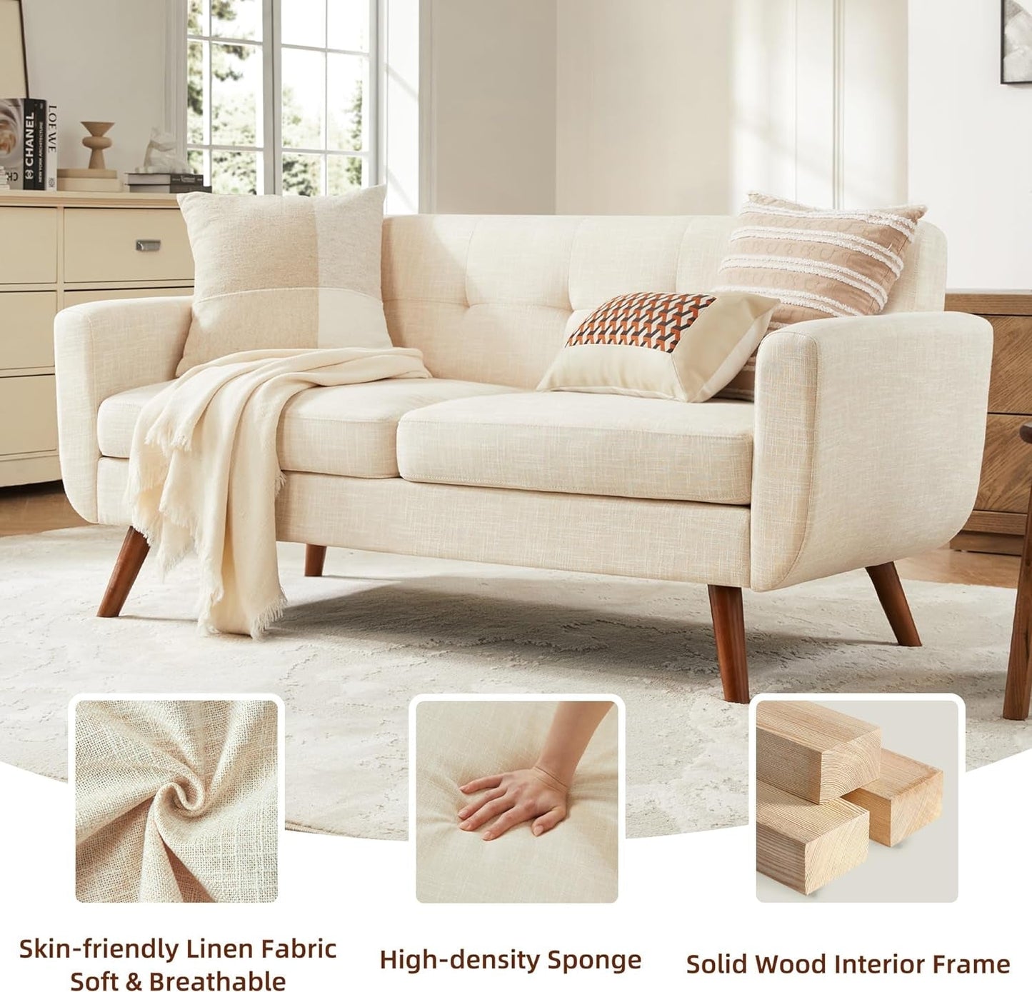 Modern Beige Loveseat – Mid-Century Comfort & Style for Any Space