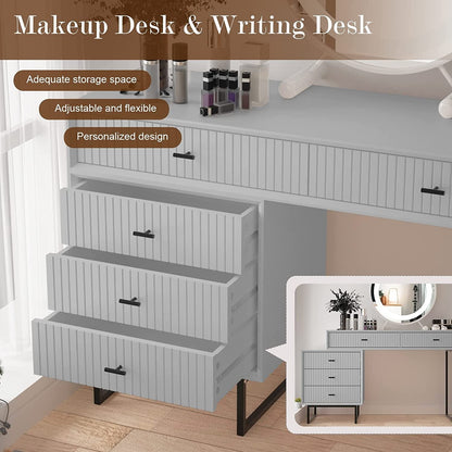 Modern White Vanity Desk – 5-Drawer Adjustable Layout with Side Cabinet