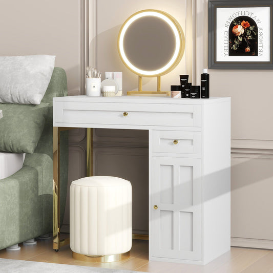 White & Gold Vanity Desk with LED Mirror – 2 Drawers, Cabinet & Touch Control Lighting