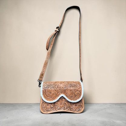 TAN/WHITE TOOLED LEATHER CROSSBODY BAG